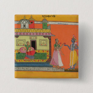 Krishna som ankommer på Radhas hus, illustration Knapp