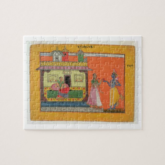 Krishna som ankommer på Radhas hus, illustration Pussel (Horisontell)