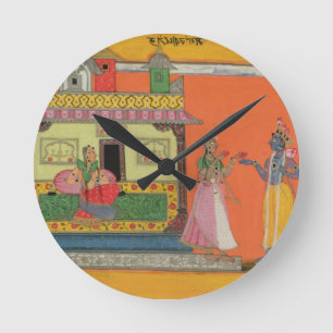 Krishna som ankommer på Radhas hus, illustration Rund Klocka
