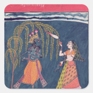 Krishna spelar en flöjt, från Vahula Fyrkantigt Klistermärke
