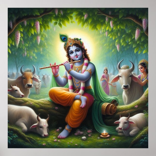 Krishna spelar flöjt under Kadamba-trädet Poster (Framsidan)
