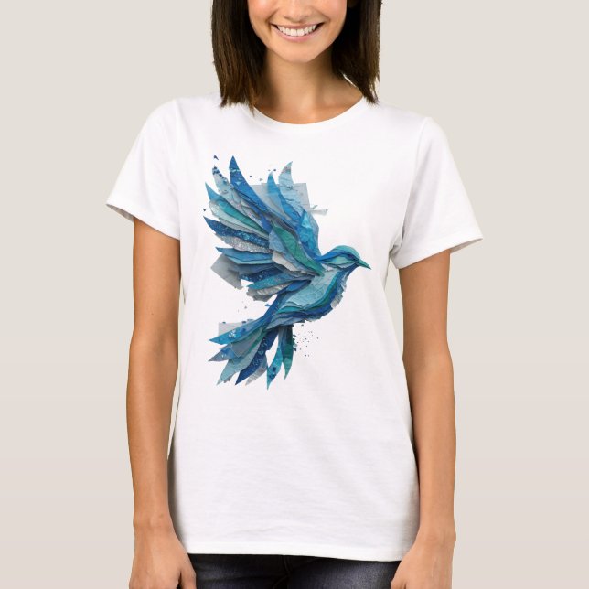 Kriskt silver BLÅ FÅGEL textdesign T Shirt (Framsida)