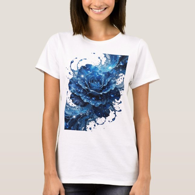 Kriskt silver BLÅ ROS Tryck T Shirt (Framsida)