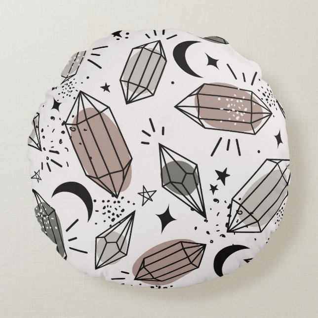 Kristallar, Måne, stjärnor, överlappande design. Rund Kudde (Framsidan)