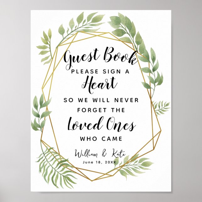 kristallblad grönt hjärta gästbok bröllop poster (Framsidan)