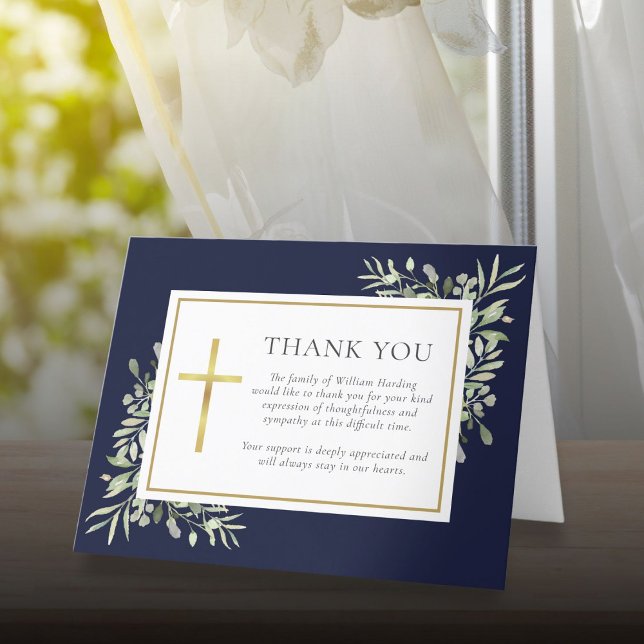 Kristen begravning marinblå akvarell grönska tack kort (Christian Funeral Navy Blue Watercolor Greenery Thank You Card)