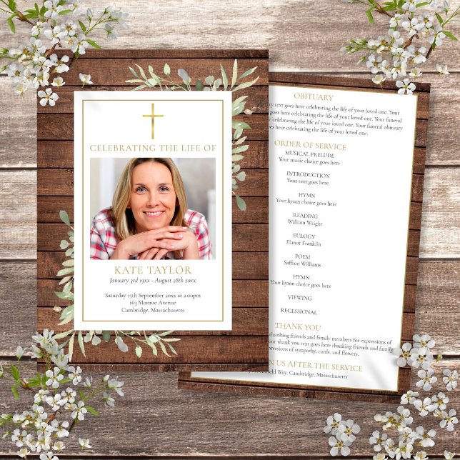 Kristen begravningstjänstordning med rustik grönsk program (Rustic Greenery Christian Funeral Order Of Service Program)