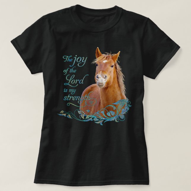 Kristen bibelvers leende häst t shirt (Design framsida)