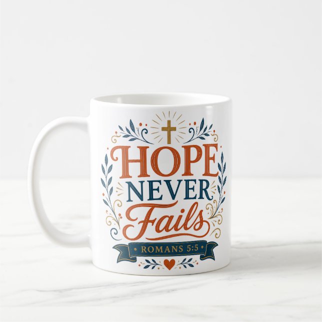 Kristen biblisk citat om hopp aldrig sviker kaffemugg (Vänster)