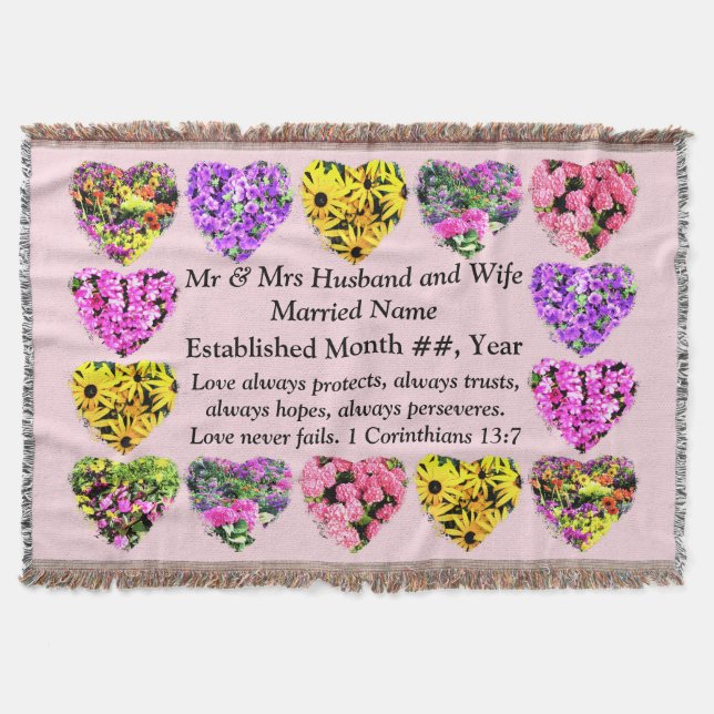 KRISTEN BLOMSTERDEKORERAD PERSONLIGT ÄKTENSKAPSFIL FILT (Framsidan)