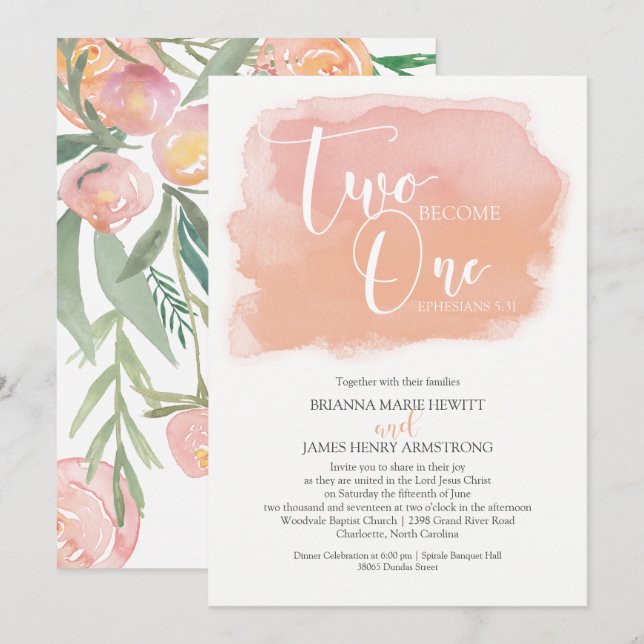 Kristen bröllopvattenfärgblommigt och korall inbjudningar (Fram/baksida)