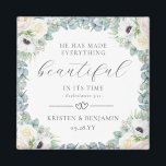 Kristen Christian Wedding Favors Bible Verse Magnet<br><div class="desc">Lägg till en andlig-beröring till dina bröllopsfavörer med den här eleganten, så föredrar Christian bröllopsmagnet med en vacker andedräkt av exkaktaktigt handmålade, vita vattenfärgade blommor och eukalyptus grey och bibelversen "Han har gjort allt vackert på sin tid" (Ecclesiastes 3:11). Om du vill flytta inslag eller ändra typsnitt och färg, rulla...</div>