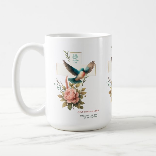 Kristen design med kors och fågel kaffemugg (Vänster)