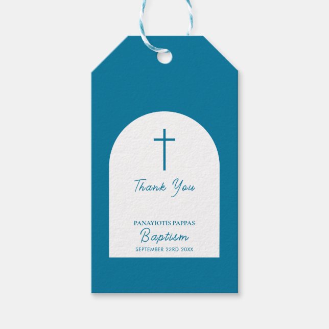 Kristen dopdagspresent för pojke i blå båge presentetikett (Framsidan)