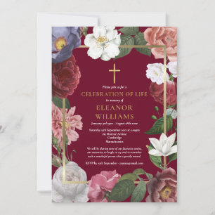 Kristen firande av liv Burgundy Blommig Inbjudningar