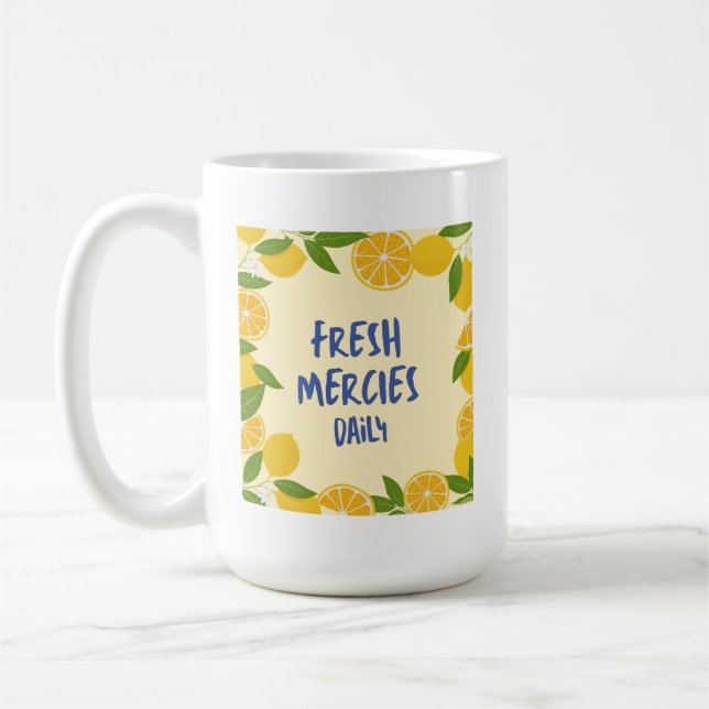 Kristen gul gingham blå bokstavsdesign citron kaffemugg (Vänster)