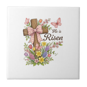 Kristen- Han är Uppstånden Blommig Kors Religiös Ö Kakelplatta