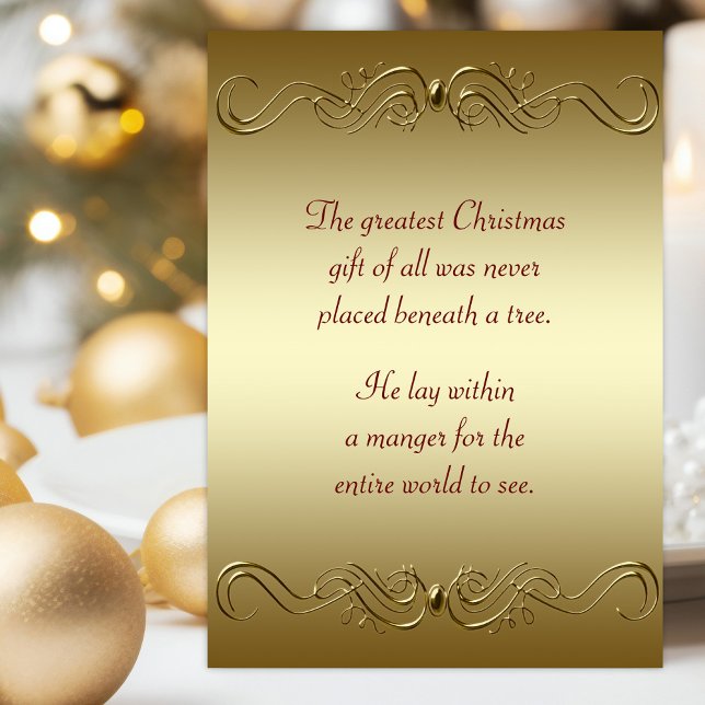 Kristen julhelg helgkort (Religious Christmas card with elegant gold swirls and scriptures.)