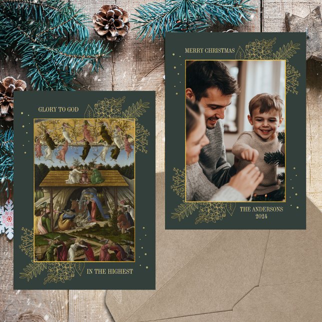 Kristen katolsk jul julens krubba familjefoto julkort (Religious Christian Catholic Classic Vintage Gold Elegant Custom Family Photo Christmas Holiday Card)