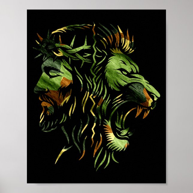 Kristen Lejon Jesus Krona Kamouflage Tro Design  Poster (Framsidan)