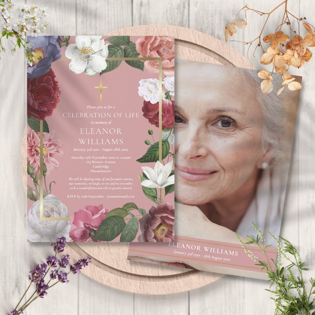 Kristen livets firande rosa blomsterfoto inbjudningar (Christian Celebration of Life Pink Floral Photo Invitation)