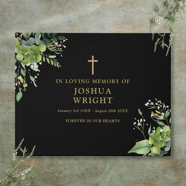 Kristen minnesgudstjänst med grönska gästböcker (Greenery Christian In Loving Memory Funeral Guest Book)