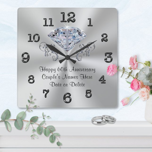 Kristen sextioårs bröllopsdag present fyrkantig klocka (60th Anniversary Gift Ideas for Parents, Grandparents, Friends and Family. Custom, Diamond Clock. )