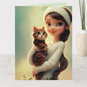 KRISTEN TÄNKER PÅ DIG Flicka KATT JULKORT Kort