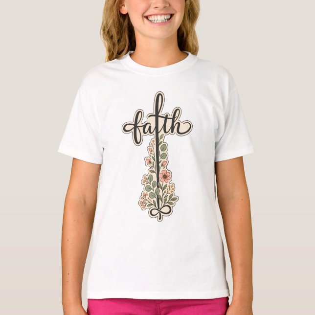 Kristen Tro Blommig Kors Typografi Design  T Shirt (Framsida)