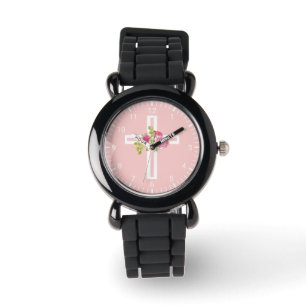 Kristenkor med blom- rosa ros armbandsur