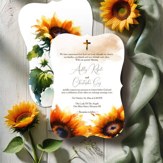 Kristet bröllopsinbjudan - Solrosor Inbjudningar (Christian wedding invitations watercolor sunflowers rustic shades of yellows and greens)
