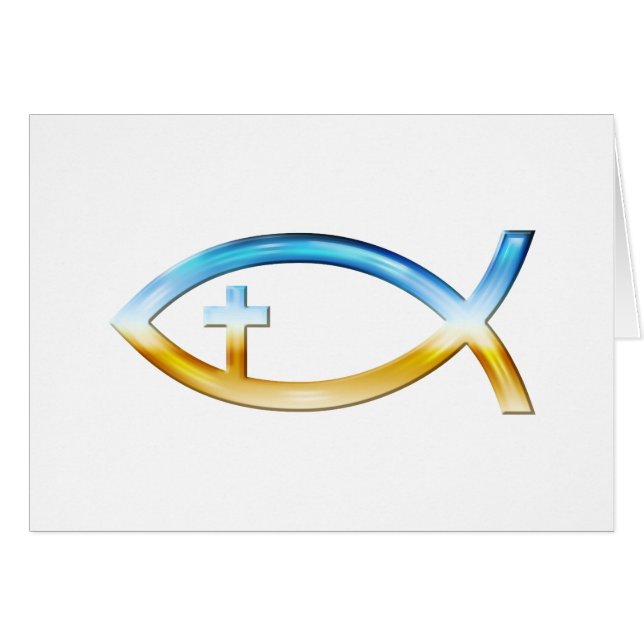 Kristet fisksymbol med crucifixen - himmel & malt hälsningskort (Framsidan Horizontal)