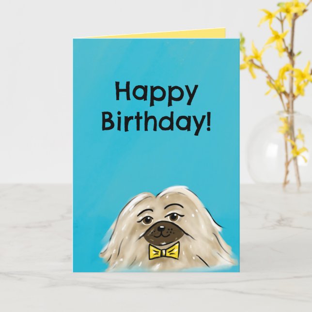 Kristet födelsedags kort (Pekingese) (Gul blomma)