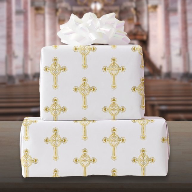Kristet guldkors dop dopning nattvard presentpapper (Christian Gold Cross Baptism Christening Communion Wrapping Paper)