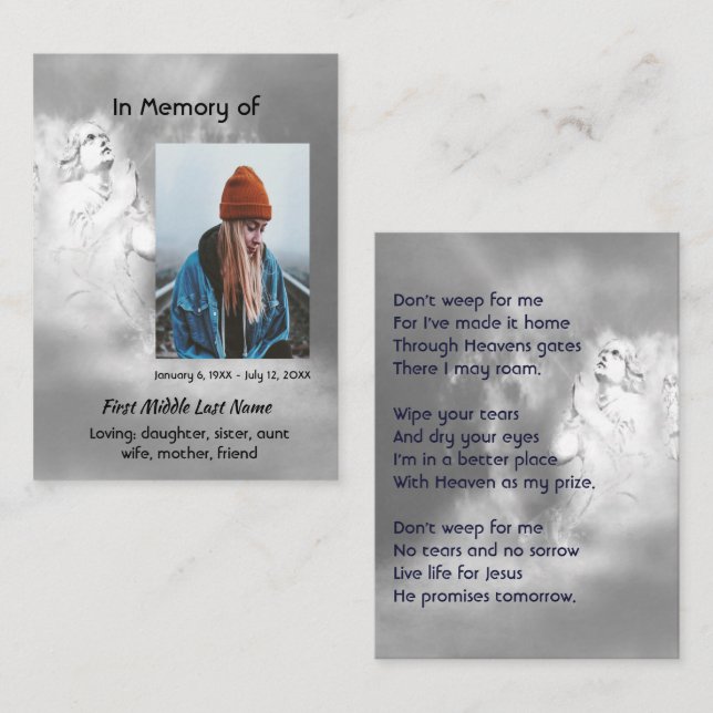 Kristet poem minnessak ängel himmel moln visitkort (Fram/baksida)
