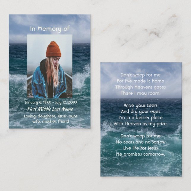 Kristet poem minnessak hav ocean strand visitkort (Fram/baksida)