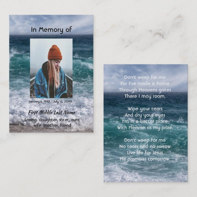 Kristet poem minnessak ocean hav strand visitkort (Fram/baksida)