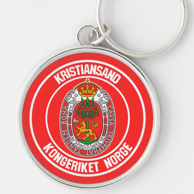 Kristiansand rundaEmblem Rund Silverfärgad Nyckelring (Framsidan)