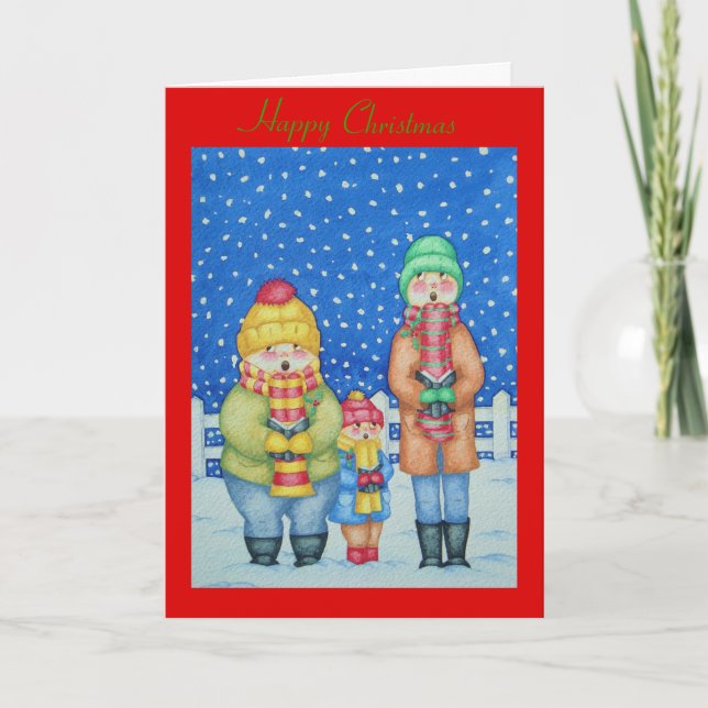 Kristmas på snö-scenen, roliga sång-sångare helgkort (Framsida)