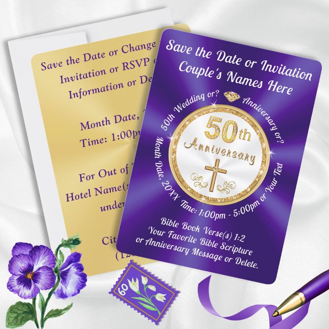 KRISTNA, 50-årsjubileum Rädda Dagen-kort Inbjudningar (Gorgeous Purple and Gold CHRISTIAN, 50th Save the Date Cards. 50th Anniversary Save the Date Cards.)