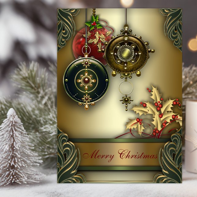 Kristna julkort helgkort (Christian Christmas card with elegant ornaments and holly with scripture verses.)