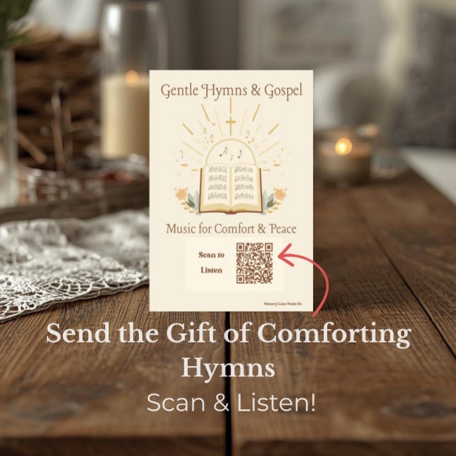 Kristna psalmer QR-kod Musikterapi vykort (Postcard for dementia care featuring a vintage hymn book and QR code that plays classic hymns.)