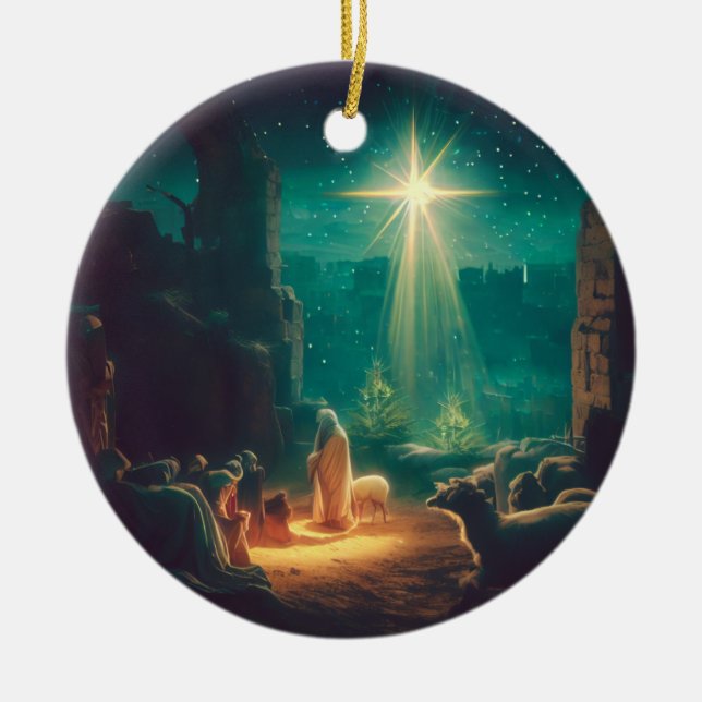 Kristus är född! Bethlehem-scenen Julgransprydnad Keramik (Framsidan)