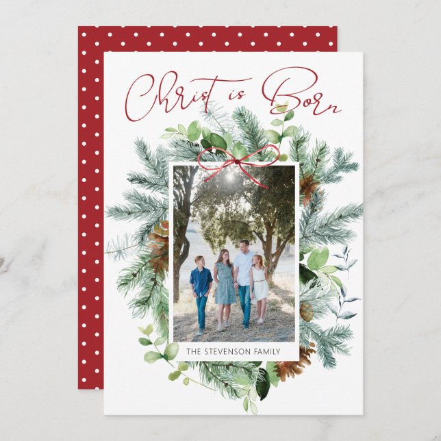 Kristus är född Foto Vattenfärg Grönska Julkort (Fram/baksida)