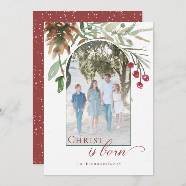 Kristus är född religiöst snöigt julfoto julkort (Fram/baksida)