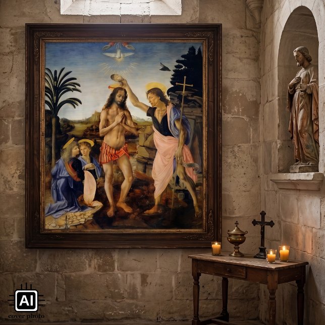 Kristus dop av Verrocchio, Leonardo da Vinci Poster (Baptism of Christ by both Andrea del Verrocchio and Leonardo da Vinci is a Renaissance Era painting.)