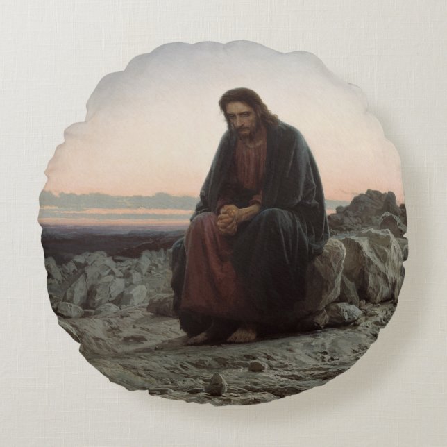 Kristus i Wilderness (av Ivan Kramskoi) Rund Kudde (Framsidan)