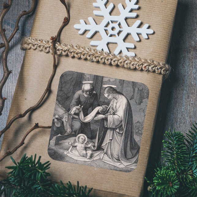 Kristus kristen jultomatiskscen fyrkantigt klistermärke (Birth of Christ - Vintage Religious Christian Catholic  Christmas Nativity Scene Gift Sticker)