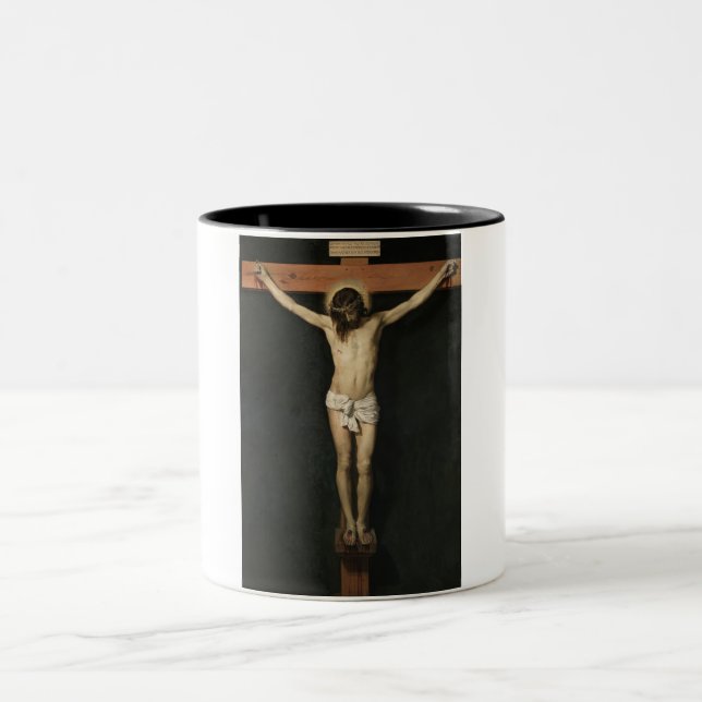 Kristus krökt på Kor (Faith) (Velazquez) Två-Tonad Mugg (Center)