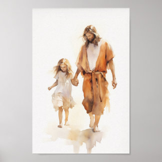 Kristus med Girl Watercolor Art Print Poster